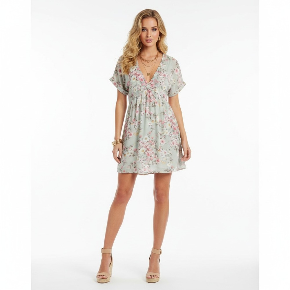 Y2K Final Touch Babydoll Dress Womens M Green Pink Floral Gauzy Boho Coastal‎